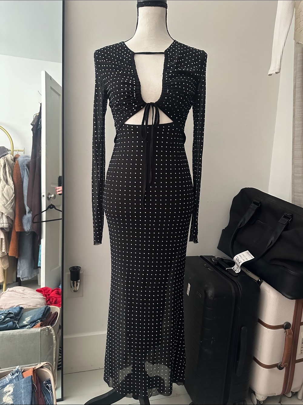 Black Rhinestone Long-Sleeve Tie-Front Midi Dress S